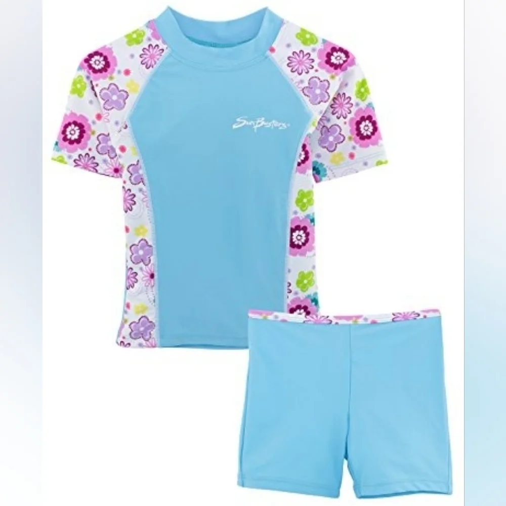 Sunbusters Baby 12/18 UPF 50+ 2-Piece Fitted Rash Swim Set Blue Pink Floral
